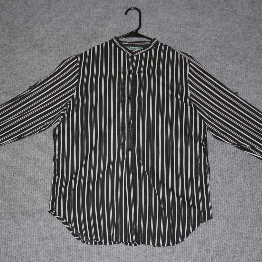 Lauren Ralph Lauren Petite Striped Band Collar Cotton‎ Cord Buttons Up Shirt PM